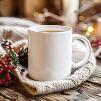 White Mug Mockup, Christmas or New Year theme photo
