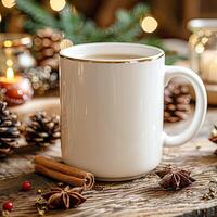 White Mug Mockup, Christmas or New Year theme photo