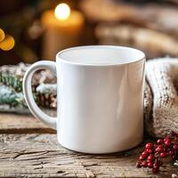 White Mug Mockup, Christmas or New Year theme photo