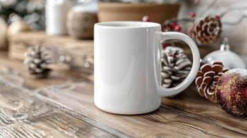 White Mug Mockup, Christmas or New Year theme photo