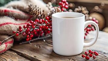 White Mug Mockup, Christmas or New Year theme photo