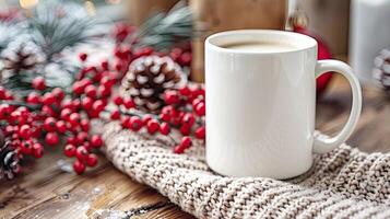 Blank white Mug Mockup, Christmas or New Year theme photo