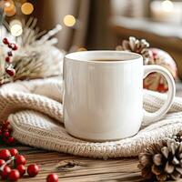Blank white Mug Mockup, Christmas or New Year theme photo