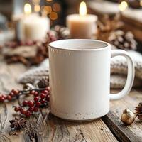 White Mug Mockup, Christmas or New Year theme photo