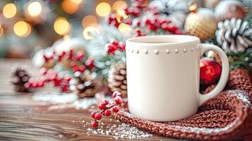 White Mug Mockup, Christmas or New Year theme photo