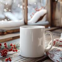 Blank white Mug Mockup, Christmas or New Year theme photo