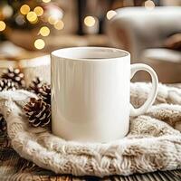 Blank white Mug Mockup, Christmas or New Year theme photo