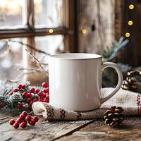 White Mug Mockup, Christmas or New Year theme, advertising with empty space, Template for your design, logo photo