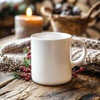 White Mug Mockup, Christmas or New Year theme photo