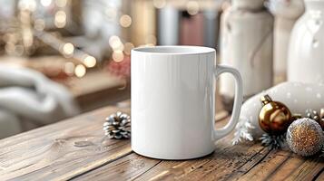 Blank white Mug Mockup, Christmas or New Year theme photo