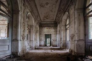 Old ruined abandoned Palace of the Grand Prince Mikhail Nikolaevich Romanov. Manor Mikhailovka in Peterhof photo