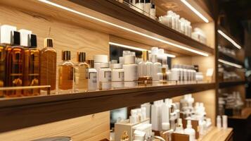 A Captivating Showcase of Skincare Products in Sleek Bottles on a Modern Wooden Shelf photo