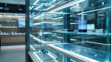 A glass case with a variety of electronic devices photo