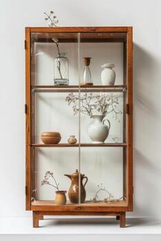 A display case with glass shelves and vases photo