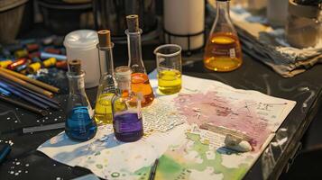 Various chemical flasks with colorful solutions on a laboratory table, showcasing a busy research environment photo