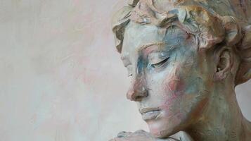 A classic marble sculpture of a woman with copy space, captured in profile with a soft pastel background, embodying timeless beauty and elegance photo