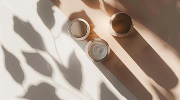 Elegant skincare jars on a sunlit surface casting soft shadows alongside a dried botanical branch photo