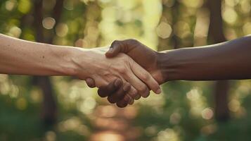A handshake between two people of different ethnicities, symbolizing diversity and unity photo