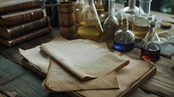 Various chemical flasks with colorful solutions on a laboratory table, showcasing a busy research environment photo