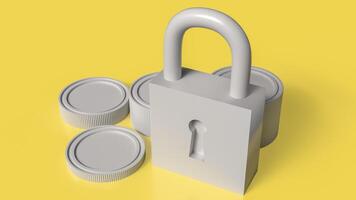 The Lock key and coins on yellow color background for security concept 3d rendering, photo