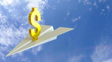 The Gold Dollar symbol on paper plane for Business concept 3d rendering. photo