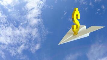 The Gold Dollar symbol on paper plane for Business concept 3d rendering. photo