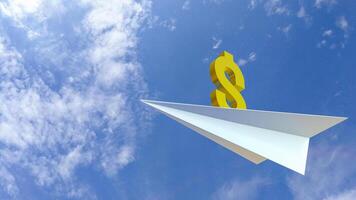 The Gold Dollar symbol on paper plane for Business concept 3d rendering. photo