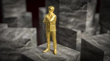 The gold business man stand on cube stone on black background 3d rendering. photo