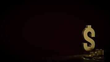 The gold dollar symbol and coins on black background 3d rendering. photo