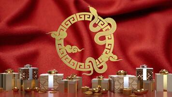 The gold snake and gift box for Chinese new year concept 3d rendering. photo