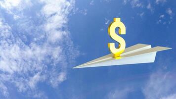 The Gold Dollar symbol on paper plane for Business concept 3d rendering. photo