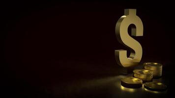 The gold dollar symbol and coins on black background 3d rendering. photo