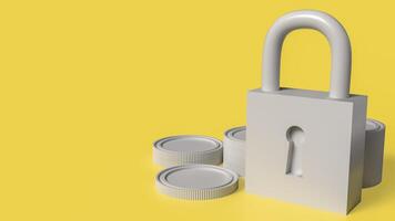 The Lock key and coins on yellow color background for security concept 3d rendering, photo
