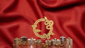 The gold snake and gift box for Chinese new year concept 3d rendering. photo