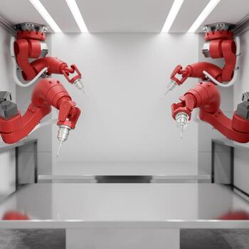 A space on a metallic table surface with red robotic arms surrounding it in a modern factory. photo