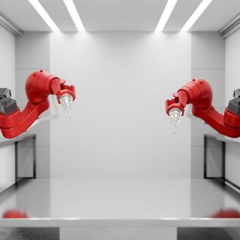 A space on a metallic table surface with red robotic arms surrounding it in a modern factory. photo