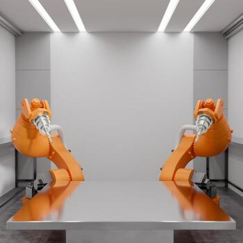 A space on a metallic table surface with robotic arms surrounding it in a modern factory. photo