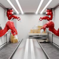 Red robotic assembly arms in a production line over a conveyor belts in a modern factory. photo