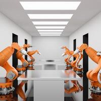 A space for displaying products on a metallic table surface with robotic arms. photo