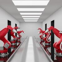 Red robotic assembly arms in a production line over a conveyor belts in a modern factory. photo