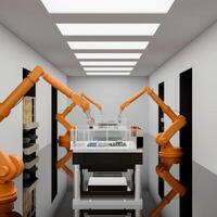 Robotic arms are assembling high-end technology circuit boards in a modern factory. photo