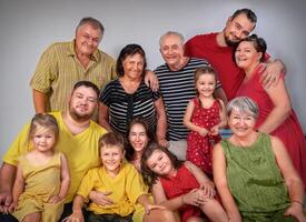 Portrait of a large family together on the sofa. photo