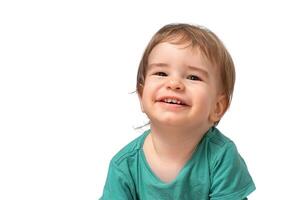 Portrait of a cute cheerful child looking at the camera close isolate photo