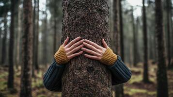 Woman hugging a tree in a forest photo