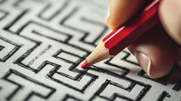 Close-up of a hand with red pencil drawing a path in the maze, finding a solution concept photo