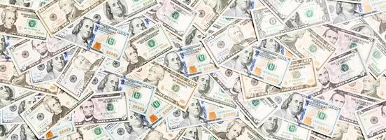 Top view of various dollar cash background. Different banknotes concept. Wealth and rich concept photo