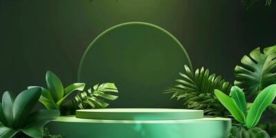 3d Render Of Leafy Green Podium Display For Product Presentations Background photo