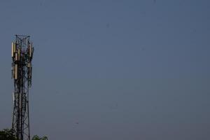 a cell phone tower with birds flying in the sky photo