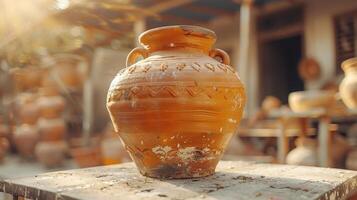 A brown clay pot with intricate designs sits on a wooden table, with other pottery pieces blurred in the background. photo