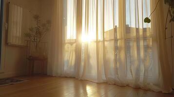 Sunlight streaming through sheer curtains in a modern apartment, casting a warm glow on the wooden floor. photo